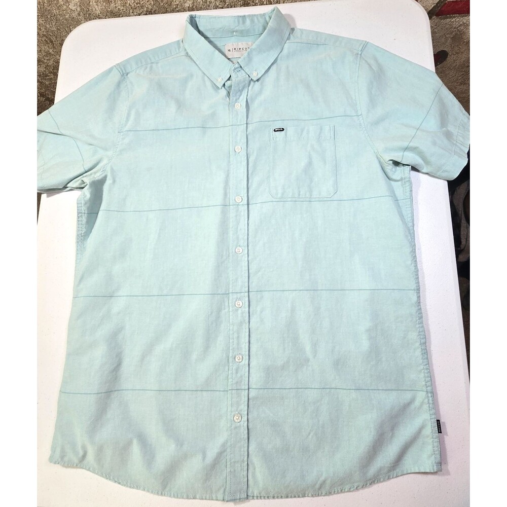 Rip Curl Short Sleeve Button Shirt Men's XL Light Teal Pocket Logo Striped